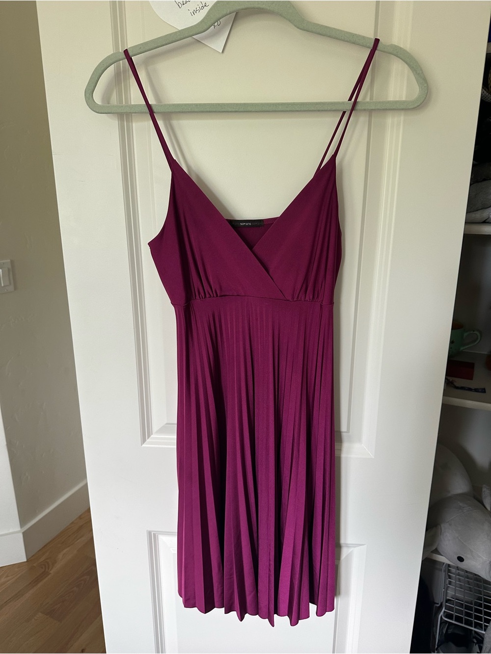 Spaghetti Strap V-Neck Pleated Midi Dress in Deep Berry